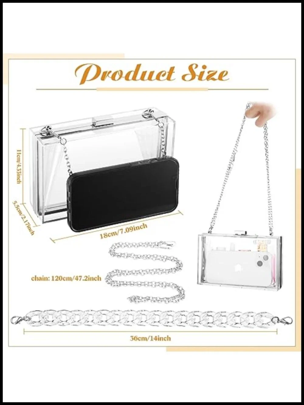 4 Pack Clear Acrylic Clutch Purse Stadium Approved with Chain Straps Evening
